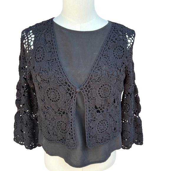 Karen Kane Wms L Wine & Roses Crochet Cardigan 3/4 Sleeve Black Cottagecore Boho - Picture 1 of 5